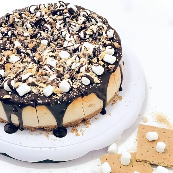 S'mores cheesecake with chocolate drizzle, mini marshmallows, and graham cracker crumbles on a white stand.