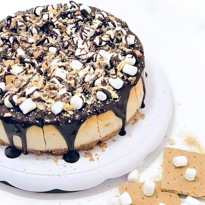 S'mores cheesecake with chocolate drizzle, mini marshmallows, and graham cracker crumbles on a white stand.